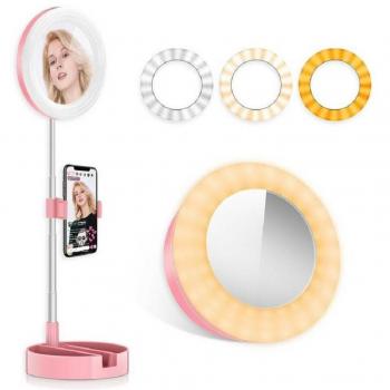 Specchio LED Telescopico con Anello Luminoso e Supporto per Smartphone