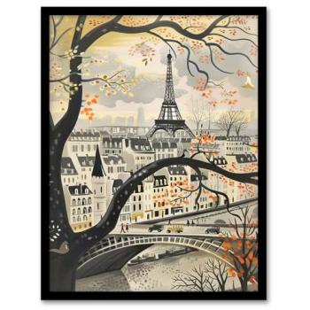 Vintage Paris Fall – Cityscape with Eiffel Tower, Beige Frame (12x16)