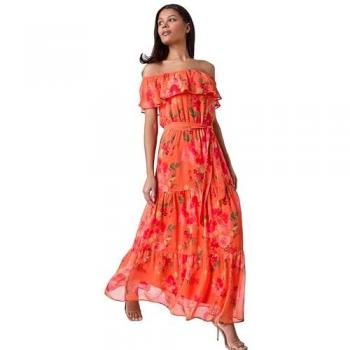 Ensemble Roman Floral à Étages, Ceinturé Bardot, 40° Orange