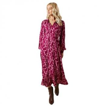Ladies' Berry & Floral Lace Yoke Midi Skirt-Length Dress
