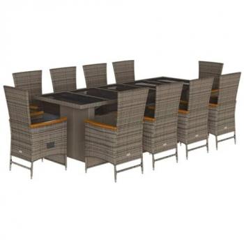 Set da Pranzo da Giardino 11pz con Cuscini in Polyrattan Grigio