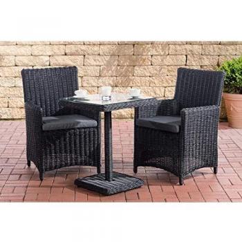 Gartengarnitur CLP Sankt Marlo – 2 schwarze Polyrattansessel + Tisch, 5 mm dick, Eisengrau gepolstert