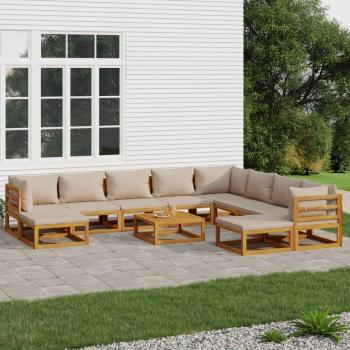 Día y Noche Set muebles jardín, 11 piezas, madera maciza, cojines gris taupé