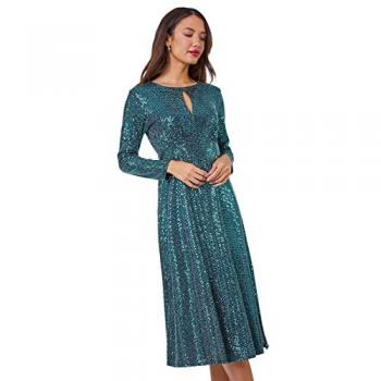 Emerald Sequin Keyhole Ruched Midi Dress for Women
