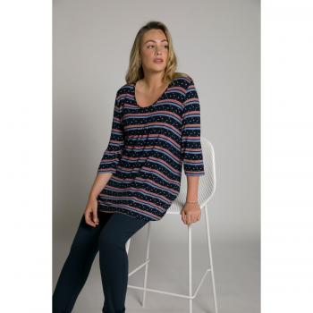 Maglia donna svasata blu con righe, pieghe decorative, scollo a V, maniche 3/4, taglia 60/62, viscosa