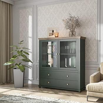 Highboard mit LED-Beleuchtung EPSOM-83, Landhausgrün, Lefkas Eiche Nb., 126/138/42 cm