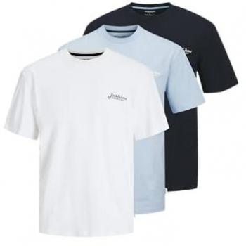 Jack & Jones 3‑Pack Frontprint Tee – White, Sky, Chamblay – L