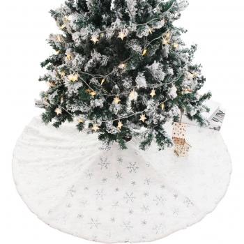 122cm White Plush Christmas Tree Skirt with Sequin Snowflake Embroidery