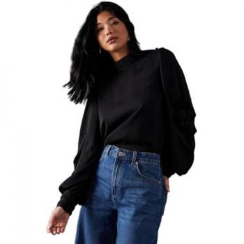 Premium Satin High Neck Pleat Detail Blouse