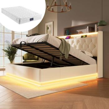 Lit Adulte Modfu Coffre LED, 140 × 200 cm, Matelas Inclus, Blanc