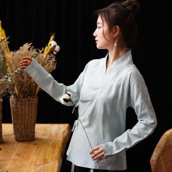 Chemisier Hanfu vintage pour femmes – matière douce coton‑lin – look élégant