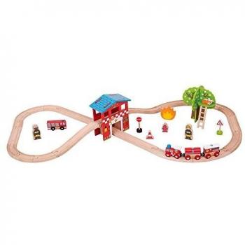 Bigjigs Toy Wooden Fire Station Train Set (39 play pieces)