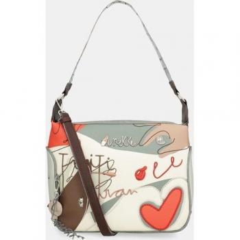 Schultertasche Anekke „Flamenco“ – Beige & Grau besticktes Design