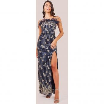 Navy Sequin and Feather Strapless Maxi Dress