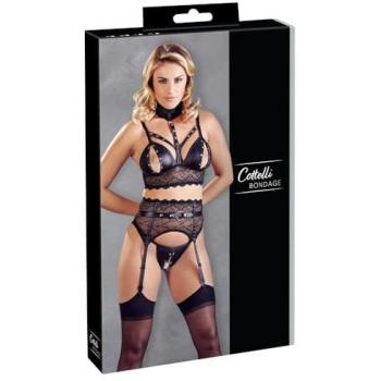 Ensemble sexy 3 pièces avec jarretelles, harnais effet cuir mat et dentelle