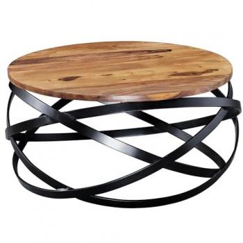 Couchtisch MANUR 60x30x60 cm Sheesham Massivholz / Metall Sofatisch, Design Wohnzimmertisch Rund, Stubentisch Industrial Braun