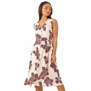 Roman Petite Floral Mid-Length Dress, Chocolate Tone, Size 16