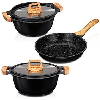 Batería Cocina Inducción Smile Wood 3 Piezas Aluminio Fundido Antiadherente Ilag Sin Pfoa