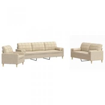 Set Divani 3 pz con Poggiapiedi in Tessuto Crema