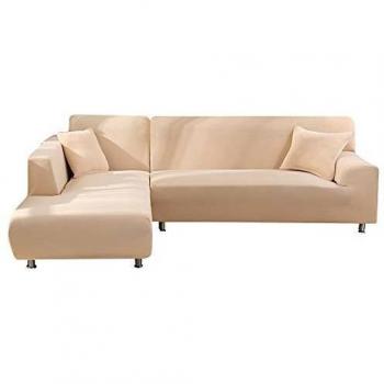 Housse de canapé en L extensible en tissu stretch beige