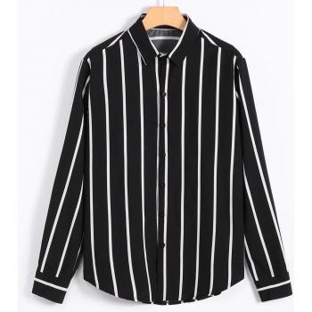 Men's Casual Long Sleeve Black White Stripe Top