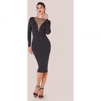 Diamante Fishnet Cowl Back Midi Dress