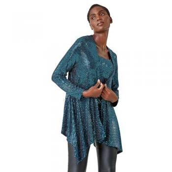 Women's Turquoise Sequin Sparkle Waterfall Jacket