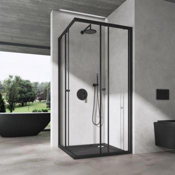 Cabine de douche en verre transparent avec angle, porte coulissante et cadre noir – Doporro Ravenna 16K‑Plus, 75 cm × 80 cm × 190 cm, montage à sens inverse