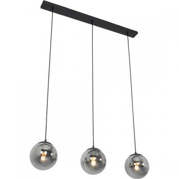 Lámpara colgante Art Déco negra con vidrio ahumado y 3 luces