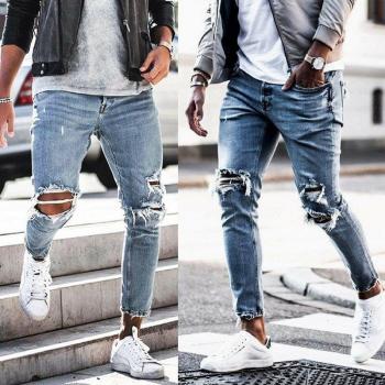 Pantalones de mezclilla con agujeros y ajuste ceñido para hombre 3XL