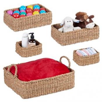 Relaxdays Contenitori da Bagno Naturale – 5 cesti, 3 dimensioni