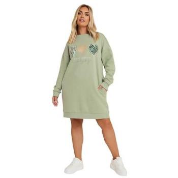 Yours Frauen‑Sweatshirtkleid „Enjoy Your Life“ – Salbeigrün Herzprint (Curve & Plus Size)