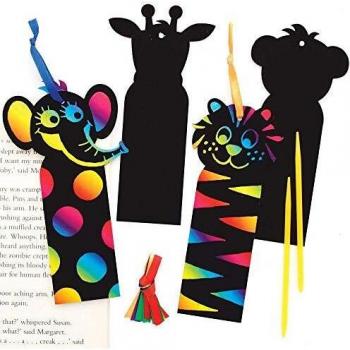 Jungle Animal Scratch Art Bookmarks (Pack of 12) Rainbow Coloured, Scratch Tools Included