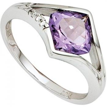 JOBO Weißgold-Ring für Damen: 3 Diamanten & 1 Amethyst in lila – Größe 58