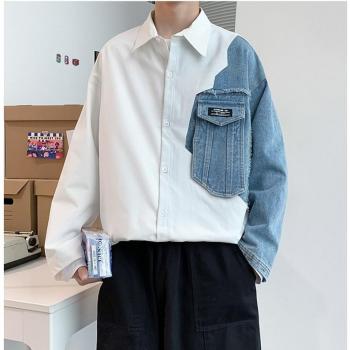 Loose Fit Denim Patchwork Shirt for Men