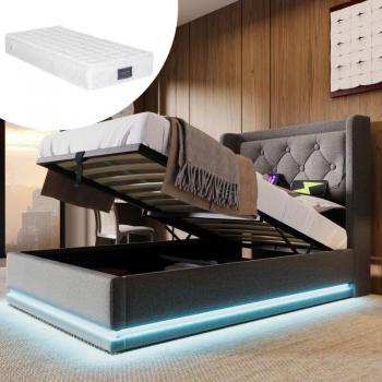 Lit à Coffre Hydraulique avec Fonction LED 3 Côtés