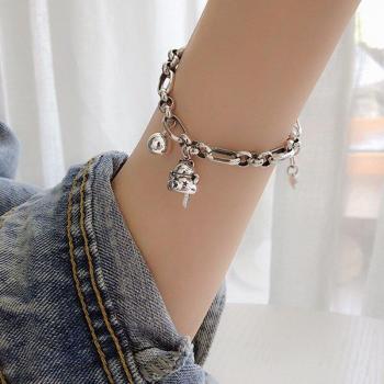 Pulsera de Plata con Diseño de Gato de la Suerte