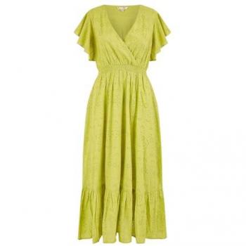 Yumi Women's Lime Cotton Broderie Anglaise Midi Wrap – Light Green, Size 14