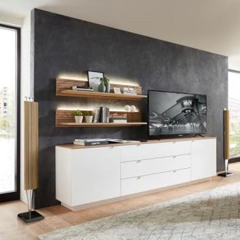 CUST-36 TV Sideboard mit Wandregalen, 240 cm, weiß und Eiche, LED Beleuchtung