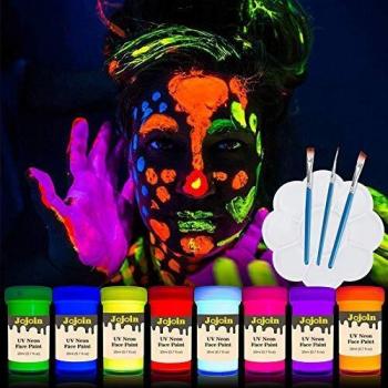 UltraBright Neon Face Paint Pack – 8 Bottles, Palette, 3 UV Brushes