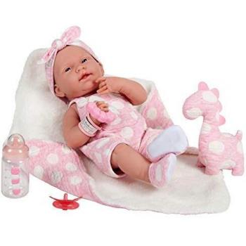Muñeca Newborn de JC Toys, Cuerpo de Goma, Vestido Rosa con Lunares, Manta y Mascota