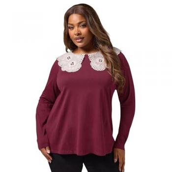 Top A-Line marron à manches longues et col en dentelle