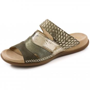 Gabor 83.704‑15 Damen-Pantoletten in Khaki/Gold aus Veloursleder, verstellbares Reimchen, Größe 41