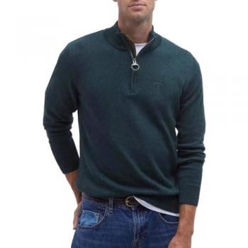 Barbour Men's Seaweed Green Pima Cotton Half Zip Sweater with Ribbed Detail