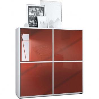 Buffet Haute Brillance Cuba Vladon V2 – 104x105,5x35,5 cm, 8 Compartiments, Blanc Mat & Bordeaux