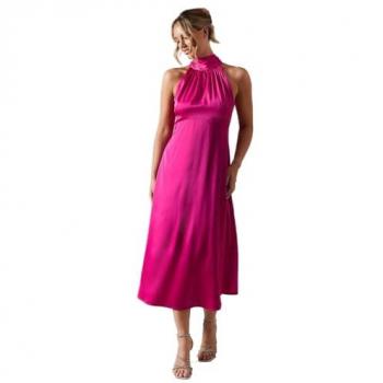 Oasis Women's Bright Pink Satin Halter Neck Midi Bridesmaids Dress