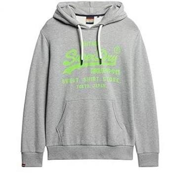 Superdry Neon Vintage Logo Hoodie, Light Grey/Green, Size S