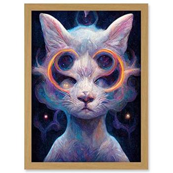 Psychedelic Cat of the Cosmic Mycelium – Light Oak Framed A4 Print