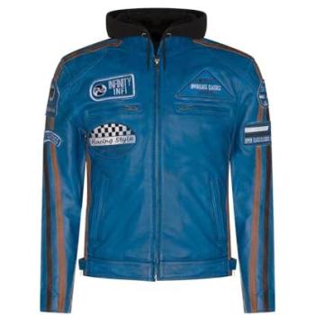 Blue Racing Hooded Biker Jacket, 5XL, Infinity Leather – Detroit Edition