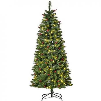 HOMCOM 5FT Prelit Artificial Pencil Christmas Tree with LED Light, Berry, Xmas Deco